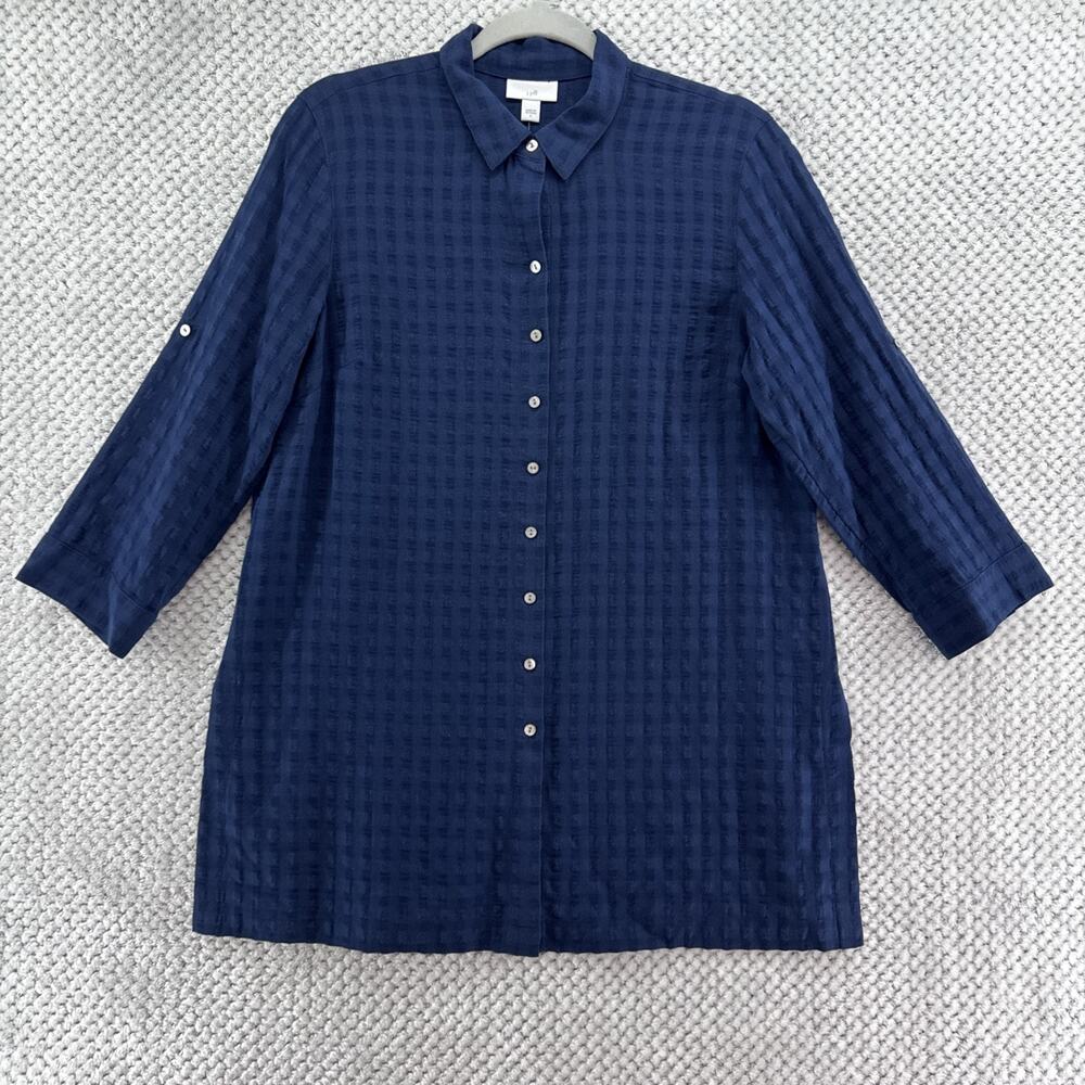 J Jill Tunic Everyday Blouse Womens S Blue Cotton Button Front Shirt Semi Sheer - Picture 1 of 13